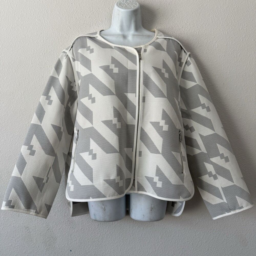 Lafayette 148 NY Houndstooth Zip Blazer XL Gray White Abstract Geometric Jacket
